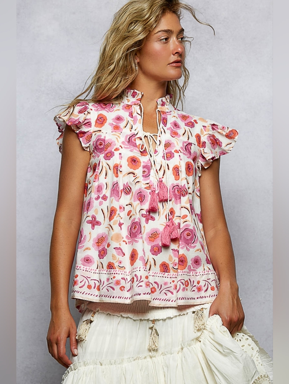 POL Tassel Tied Floral Flutter Sleeve Blouse
